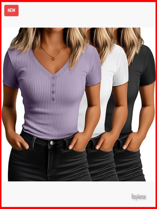 Tops - 3 Pack Ribbed Henley Button T-Shirts, Slim Fit, 95% Cotton, Short Sleeve